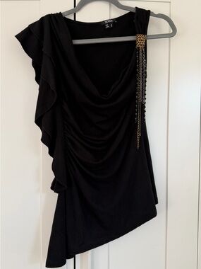 Whimsigoth Y2K Vintage XOXO Black Asymmetric Top Cascading Ruffles Metal Size S
